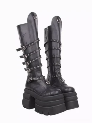 Black Gothic Lolita knee-high PU leather platform boots with flame embossed texture and adjustable buckle straps, side three-quarter view