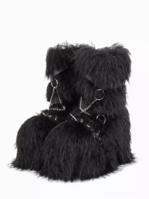 Black Gothic Lolita mid-calf boots with luxurious faux fur texture and metal chain adornments, oblique overhead view showing fluffy pile detail and strategic hardware placement