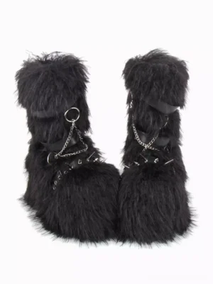 Front-facing view of Gothic Lolita boots displaying metal D-rings, decorative chains, and rivet strap details on black faux fur upper with round toe silhouette
