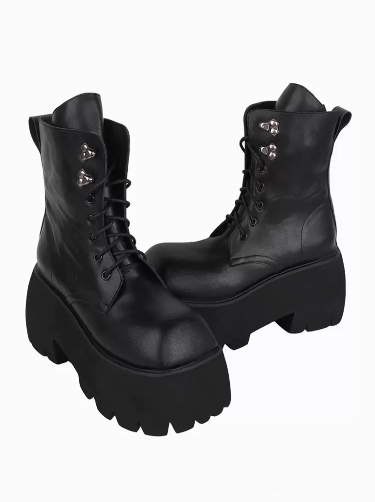 Gothic lolita black platform boots with heel pull tab lugged outsole silver decorative grommets right view