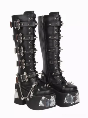Gothic lolita knee-high boots side double angle showing lace-up front side zipper spike trim details wedge heel construction