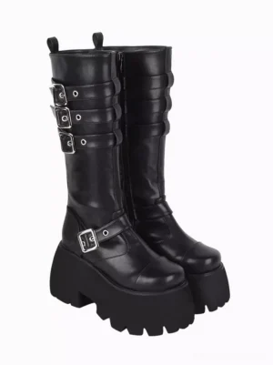Gothic Lolita mid-calf platform boots black leather side paired view multiple silver buckle straps metallic hardware