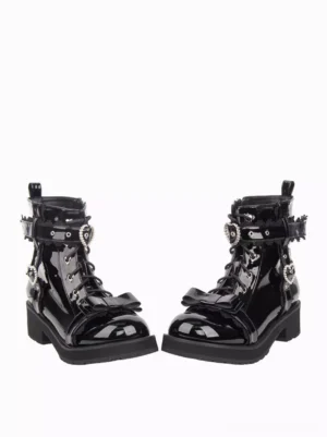 Gothic Lolita combat boots black PU leather with buckle straps and lace trim side three-quarter angle