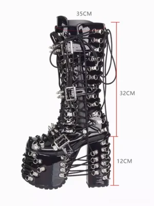 Gothic lolita chunky heel mid-calf boots front three-quarter view with size measurement markers demonstrating heel height and shaft length specifications