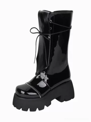 Single black Gothic Lolita mid-calf boot side three-quarter view glossy patent leather cross lace tie thick platform sole