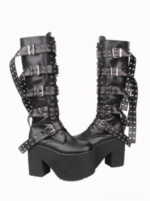 gothic lolita boots side view lace up front chunky platform sole grommet decorated straps black pu leather