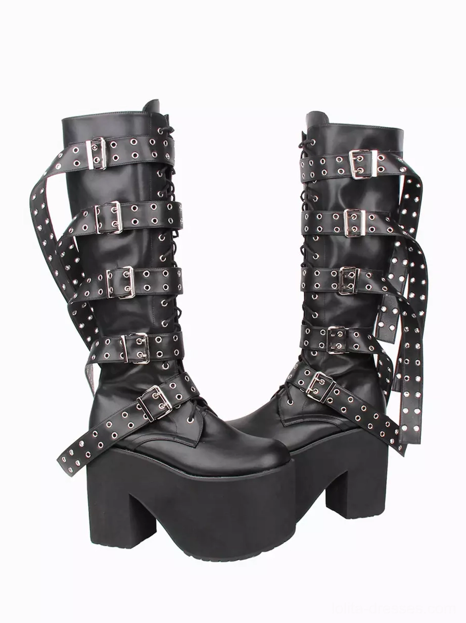 gothic lolita boots side view lace up front chunky platform sole grommet decorated straps black pu leather