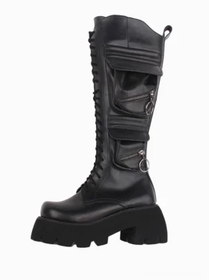 Gothic lolita platform boots left side view featuring black PU leather, dual zippered cargo pockets, chunky lug sole, and lace-up front closure