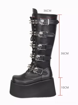 Gothic lolita boots left side profile view lace-up front decorative hardware straps mid-calf shaft platform wedge