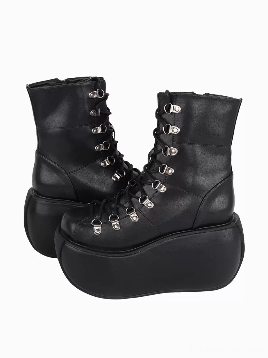 Paired black gothic lolita platform combat boots side and front three-quarter view with metallic silver lace eyelets