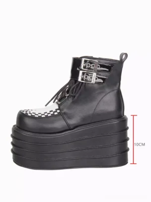 Right side profile of gothic lolita boots displaying ten centimeter stacked multi-layered platform sole and wedge heel construction