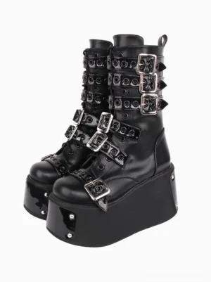 Gothic lolita platform boots front three-quarter view black pu leather with silver grommets buckles two-tone design