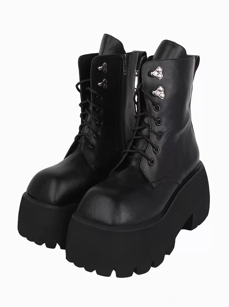 Gothic lolita platform boots black PU leather with silver grommets square toe front paired view studio
