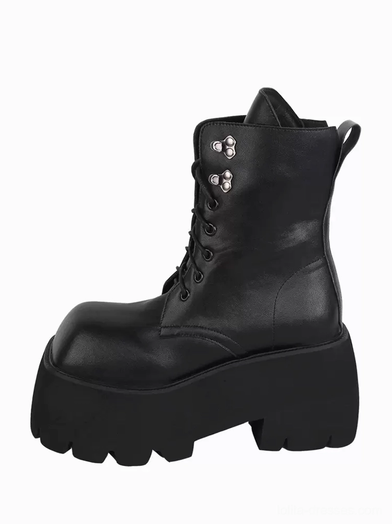Single gothic lolita platform boot black PU leather square toe full lace-up system chunky lug sole left view