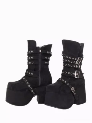 Side three-quarter view of gothic lolita platform boots displaying side zipper closure, layered silver buckle straps, thick wedge platform heel, and mid-calf shaft height