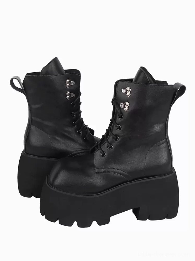 Black gothic lolita platform boots rear view triple silver grommets heel pull loops ultra thick platform sole
