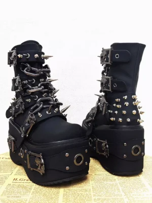 Black Gothic Lolita wedge platform boots side rear angle thick sole metal hardware chains skull decorations punk aesthetic