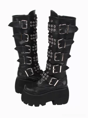 Front three-quarter angle of gothic lolita boots featuring multiple silver buckle straps with grommet embellishments and adjustable lace-up vamp design