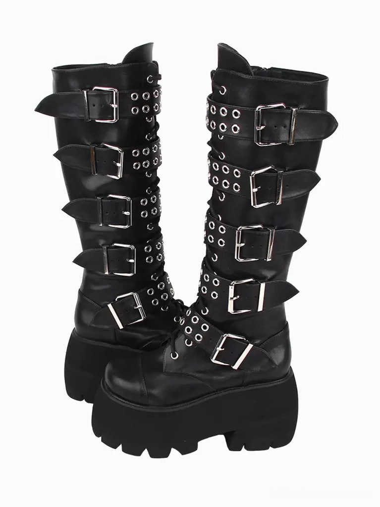 Front three-quarter angle of gothic lolita boots featuring multiple silver buckle straps with grommet embellishments and adjustable lace-up vamp design