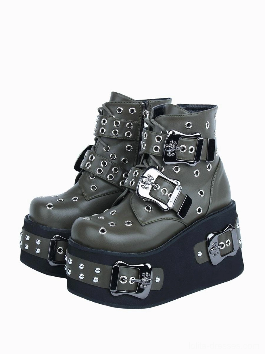 Gothic Lolita platform ankle boots dark gray PU leather metal buckles grommets thick platform sole front view