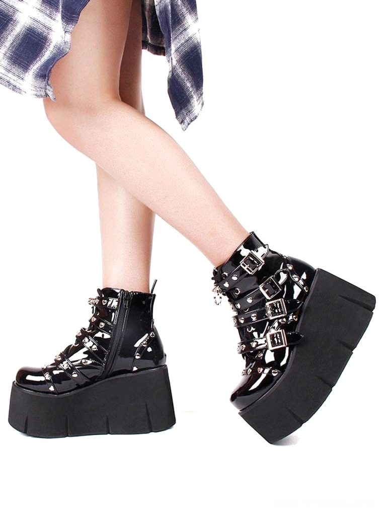 Black Lolita boots dual side view worn on feet showing side zipper round patent leather toe cap plaid hem details