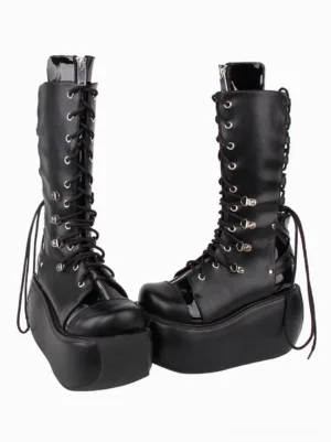 Two-tone Gothic Lolita mid-calf boots straight front view dual display black platform sole metal eyelets front zipper lace-up detail