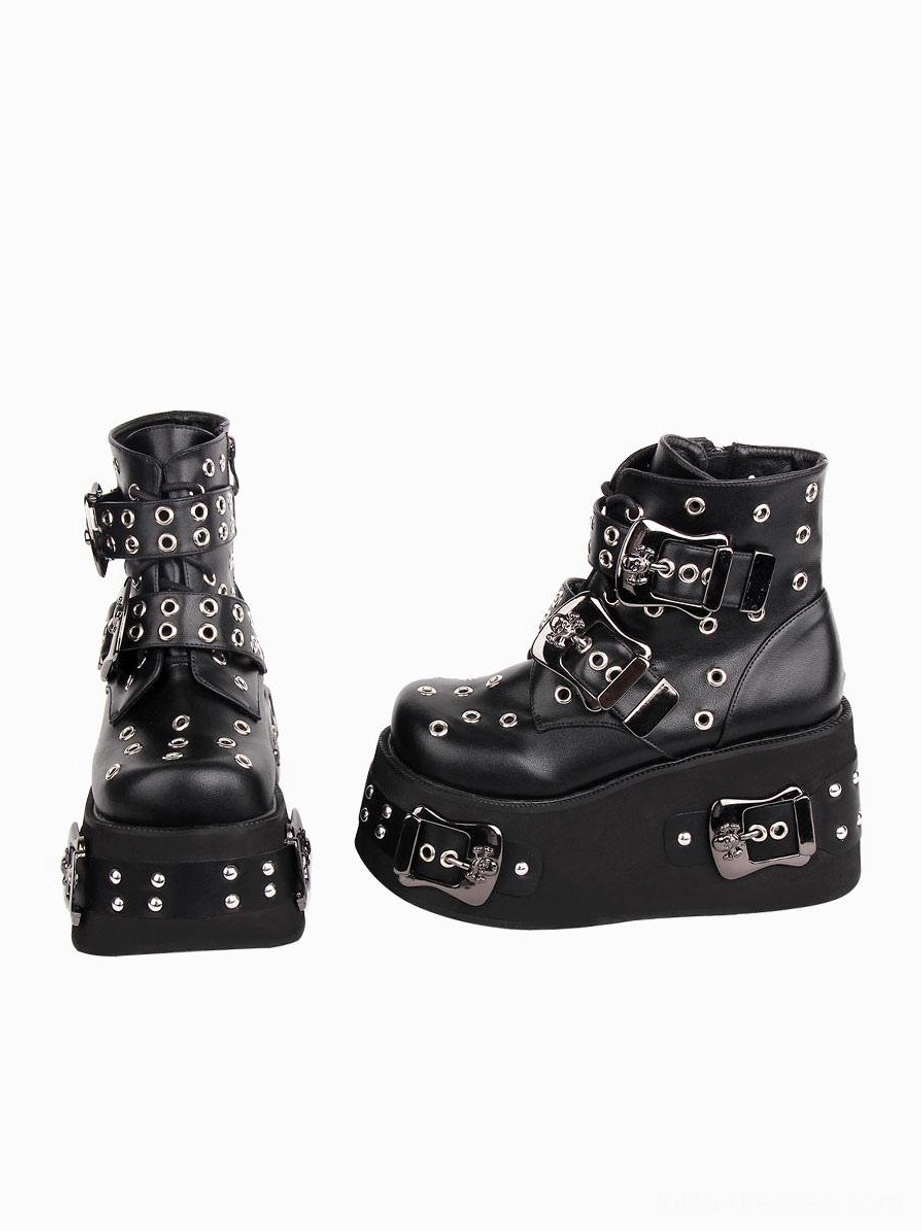 Gothic Lolita platform ankle boots front paired display full grommet details studded platform edges black leather