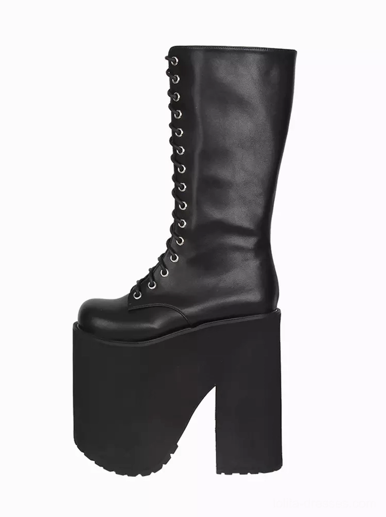 Single gothic lolita platform boot side view lace-up eyelets chunky block heel anti-slip platform outsole