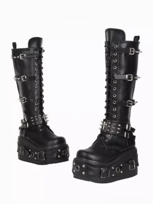 Gothic Lolita knee-high boots paired front view displaying spike stud ankle strap and multiple metal buckle closures