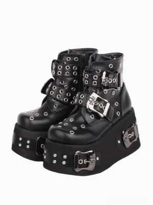 Gothic Lolita platform ankle boots front three-quarter paired view black PU leather metal grommets studded platform sole
