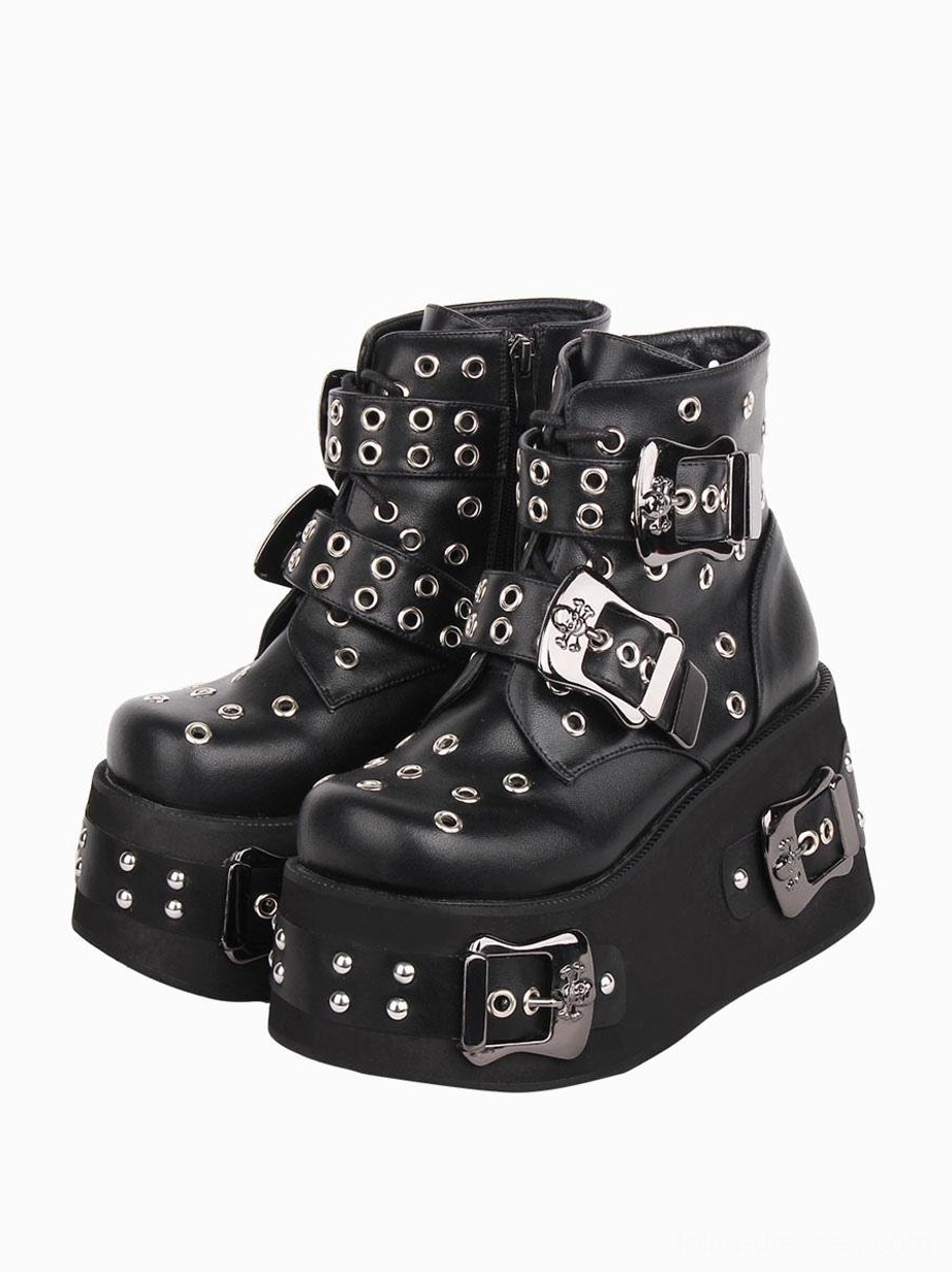 Gothic Lolita platform ankle boots front three-quarter paired view black PU leather metal grommets studded platform sole
