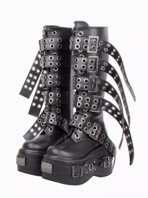 Black Gothic Lolita knee-high platform boots with metal grommets front three-quarter view showing round metallic toe and grommet strap details on white background