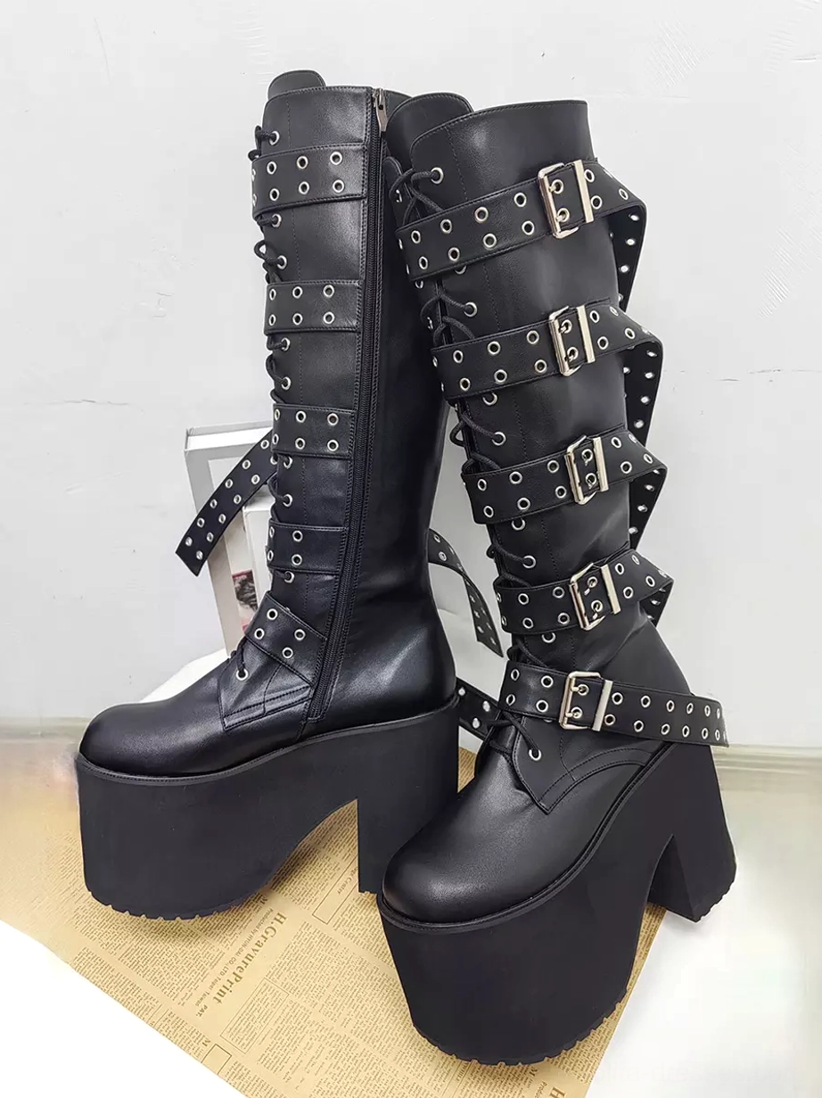 pair gothic lolita boots front side view side zipper closure multi grommet straps thick platform heel indoor setting