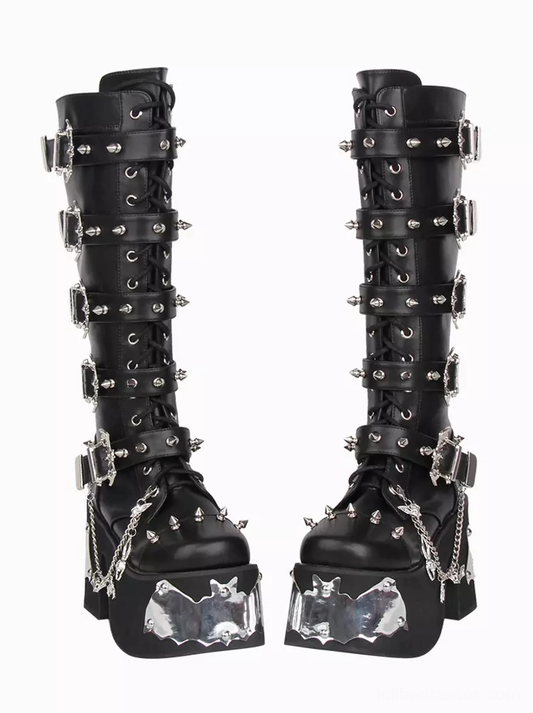 Pair gothic lolita boots front-side view multiple silver buckles spike decorations black PU leather wedge heel knee-high