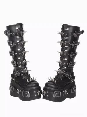 gothic lolita platform boots front flat paired showcase black leather spike trim buckle strap chunky platform