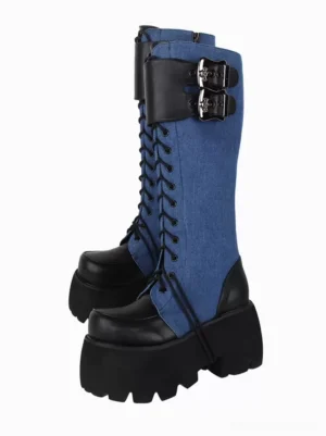 Gothic lolita platform boots with black leather accents and metal buckles paired front view blue denim upper chunky serrated sole