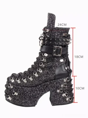 Side view of gothic lolita boots displaying 10cm thick platform, lace-up design, silver hardware, and mid-calf shaft height with size markers
