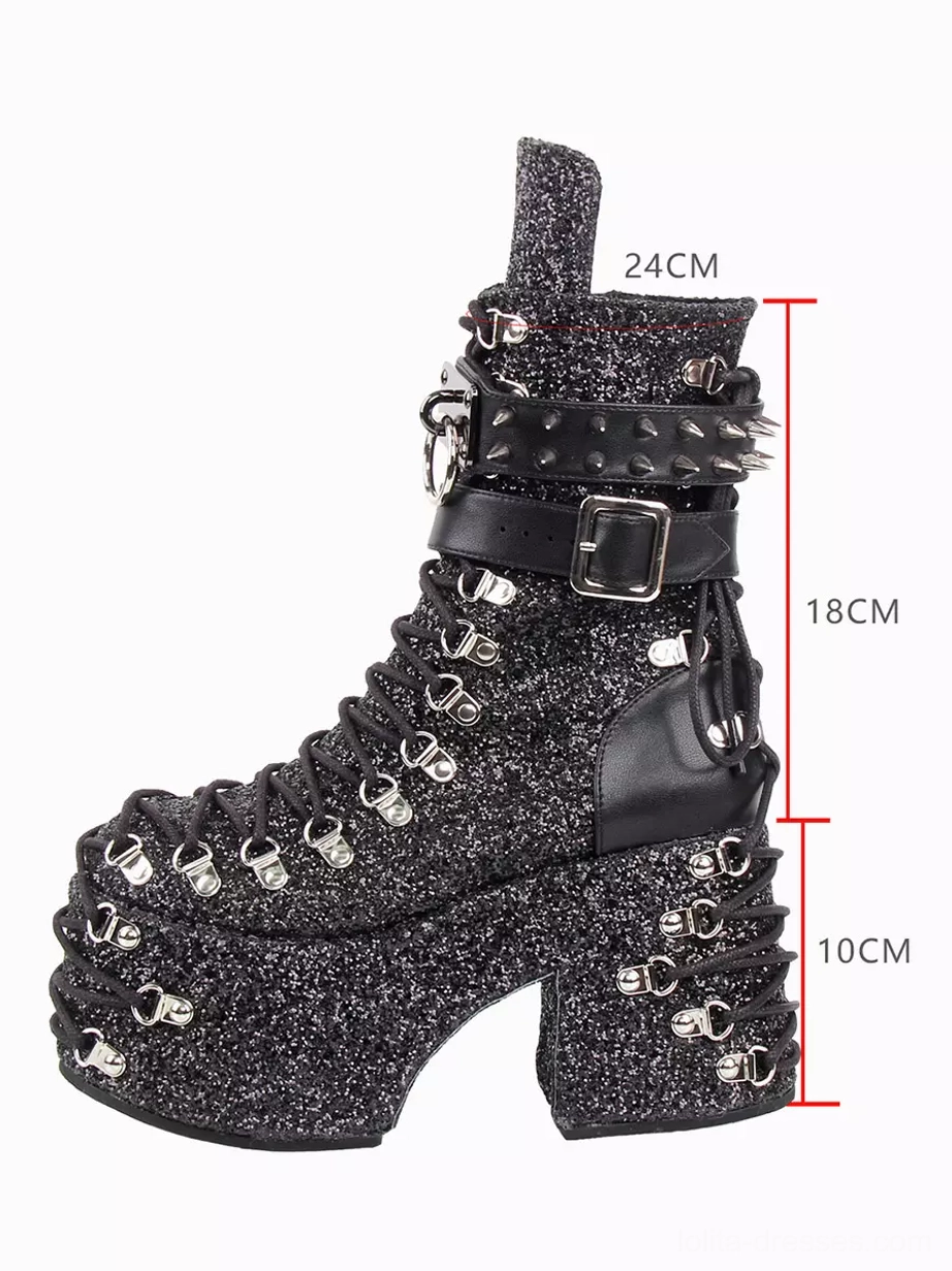 Side view of gothic lolita boots displaying 10cm thick platform, lace-up design, silver hardware, and mid-calf shaft height with size markers