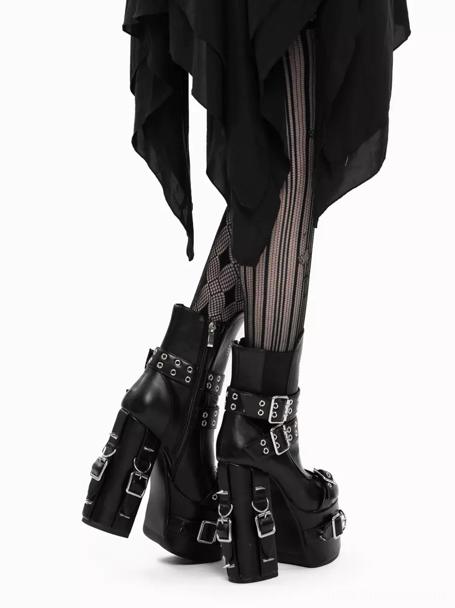 Rear view of gothic lolita platform boots on model's feet, displaying chunky block heel, visible metal hardware, and platform sole construction