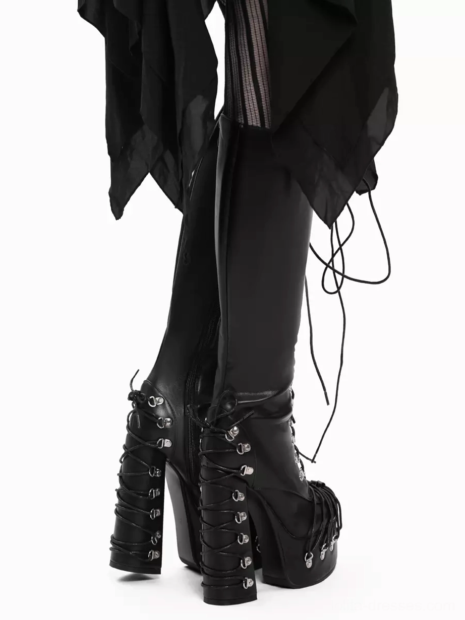 Black lace-up platform boots rear side view showing visible heel details, long laces, thick block heel structure and boot shaft length