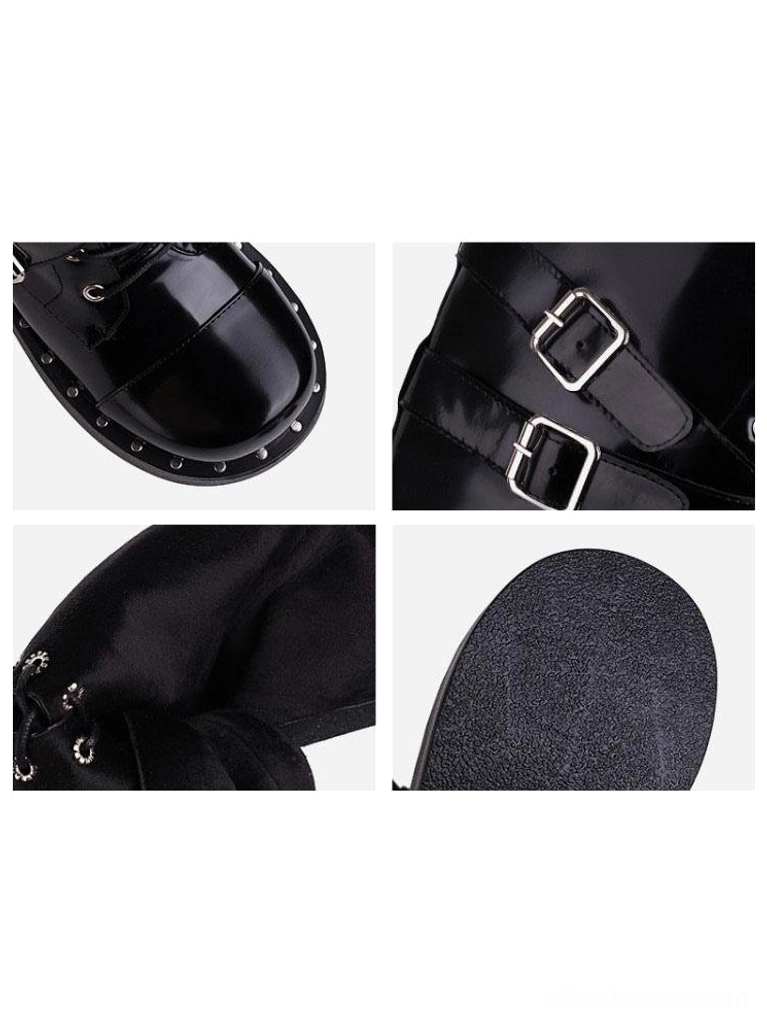 Close-up top-down detail shot black patent leather round toe Lolita boot studded platform edge