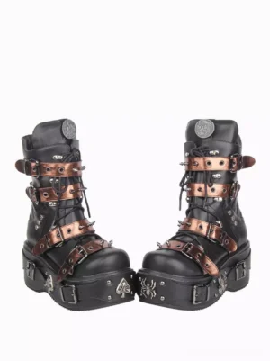 Gothic lolita platform combat boots side profile view featuring spiked bronze straps metallic hardware round closed toe and chunky platform heel design