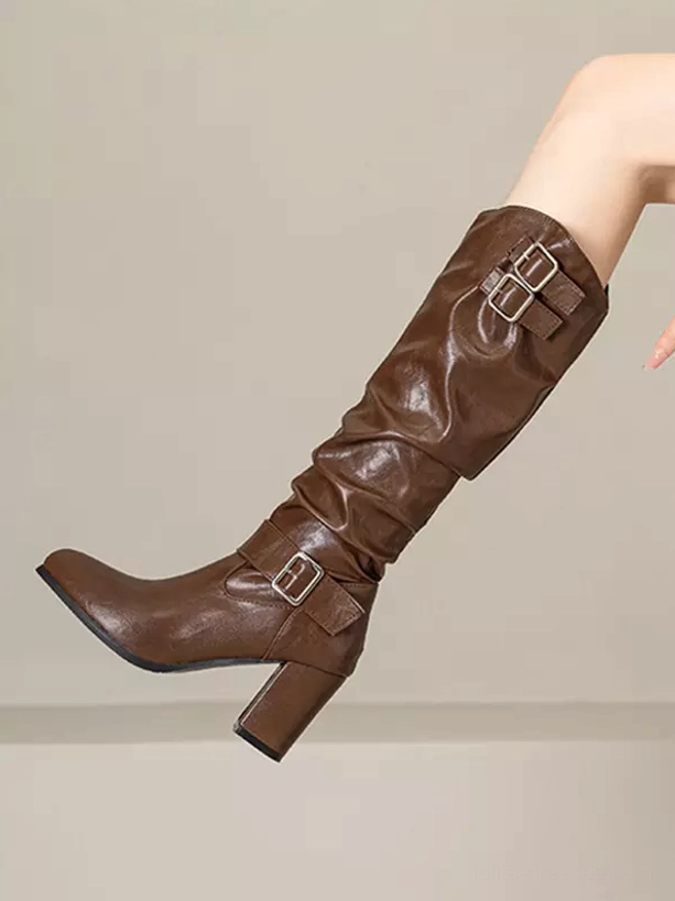 Gothic lolita chunky heel boots side profile raised leg dual buckles wrinkled PU leather block heel