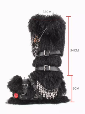 gothic-lolita-boots-side-profile-black-faux-fur-leather-buckle-straps-decorative-charms-size-reference