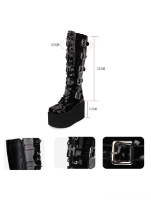 Gothic Lolita knee-high platform boots side view with measurement marks displaying 35cm height 10cm platform thick wedge sole and side zipper detail