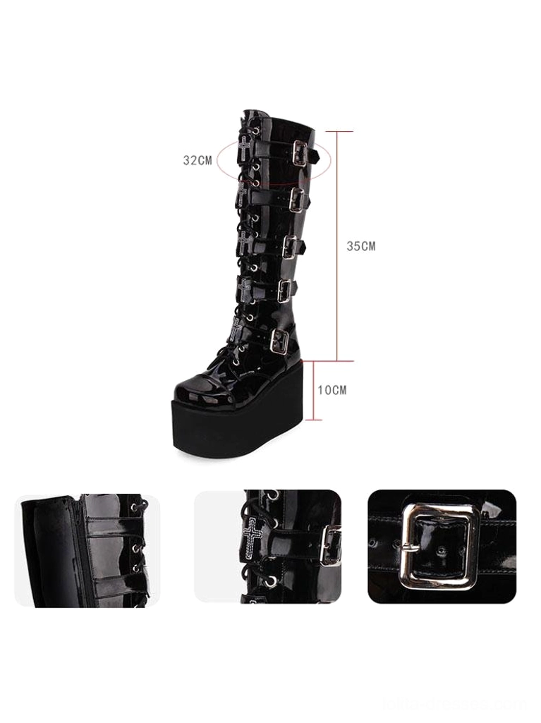 Gothic Lolita knee-high platform boots side view with measurement marks displaying 35cm height 10cm platform thick wedge sole and side zipper detail