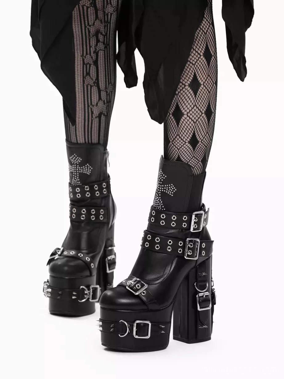 Gothic lolita platform boots rear three-quarter side view on model, showing multiple silver buckles and chunky block heel with geometric mesh hosiery