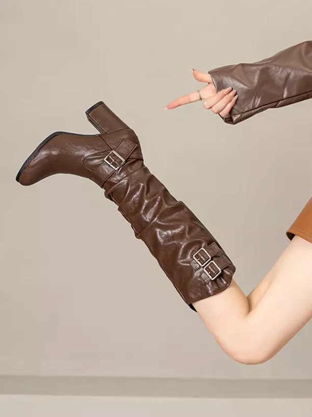 Dark gothic lolita knee-high boots side shot lifted leg buckle straps chunky block heel wrinkled shaft