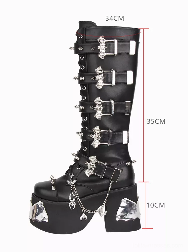 Gothic lolita platform boot side view with size markings showing height dimensions silver hardware decor wedge heel knee-high