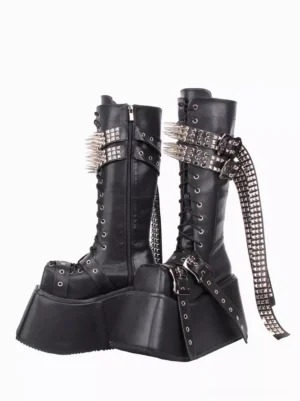 Gothic black lolita boots side three-quarter paired view featuring side zipper closure decorative hanging studded chain ankle buckle straps on white background